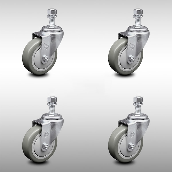 4 Inch SS Gray Polyurethane Wheel Swivel 12mm Threaded Stem Caster Set SCC